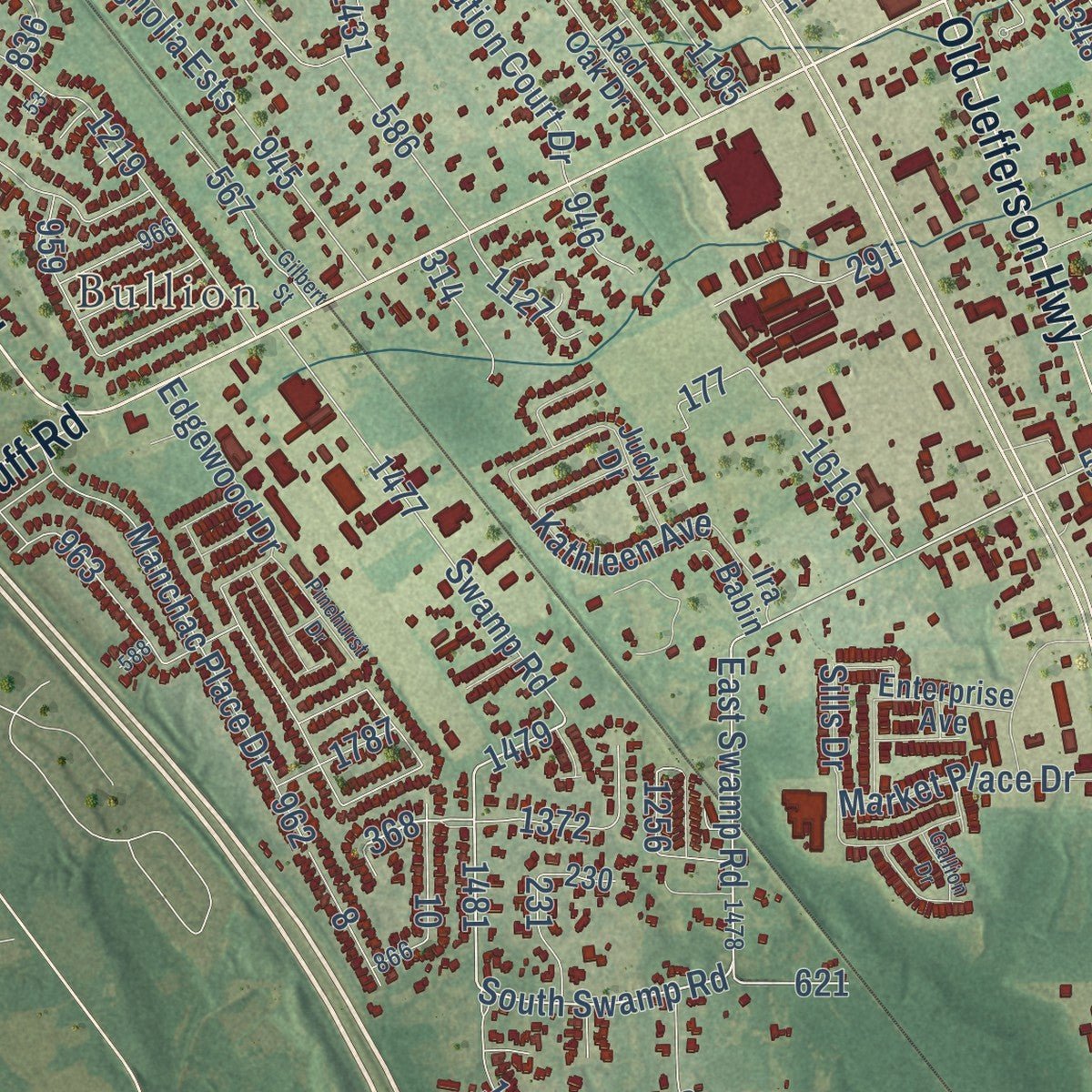 Close-up of the map of Prairieville, Louisiana print showing street and building detail