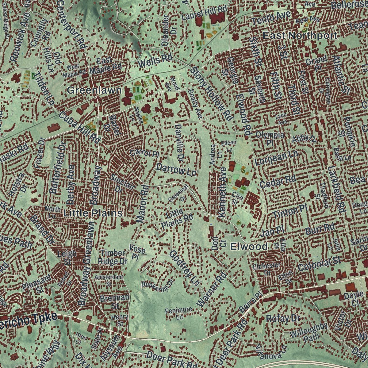 Close-up of the map of Huntington, New York print showing street and building detail