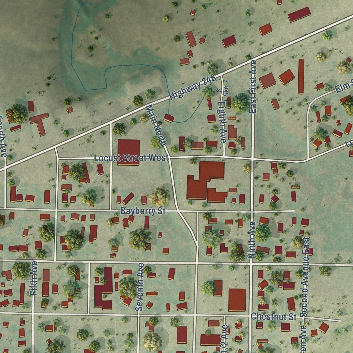 Close-up of the map of Kadoka, South Dakota print showing street and building detail