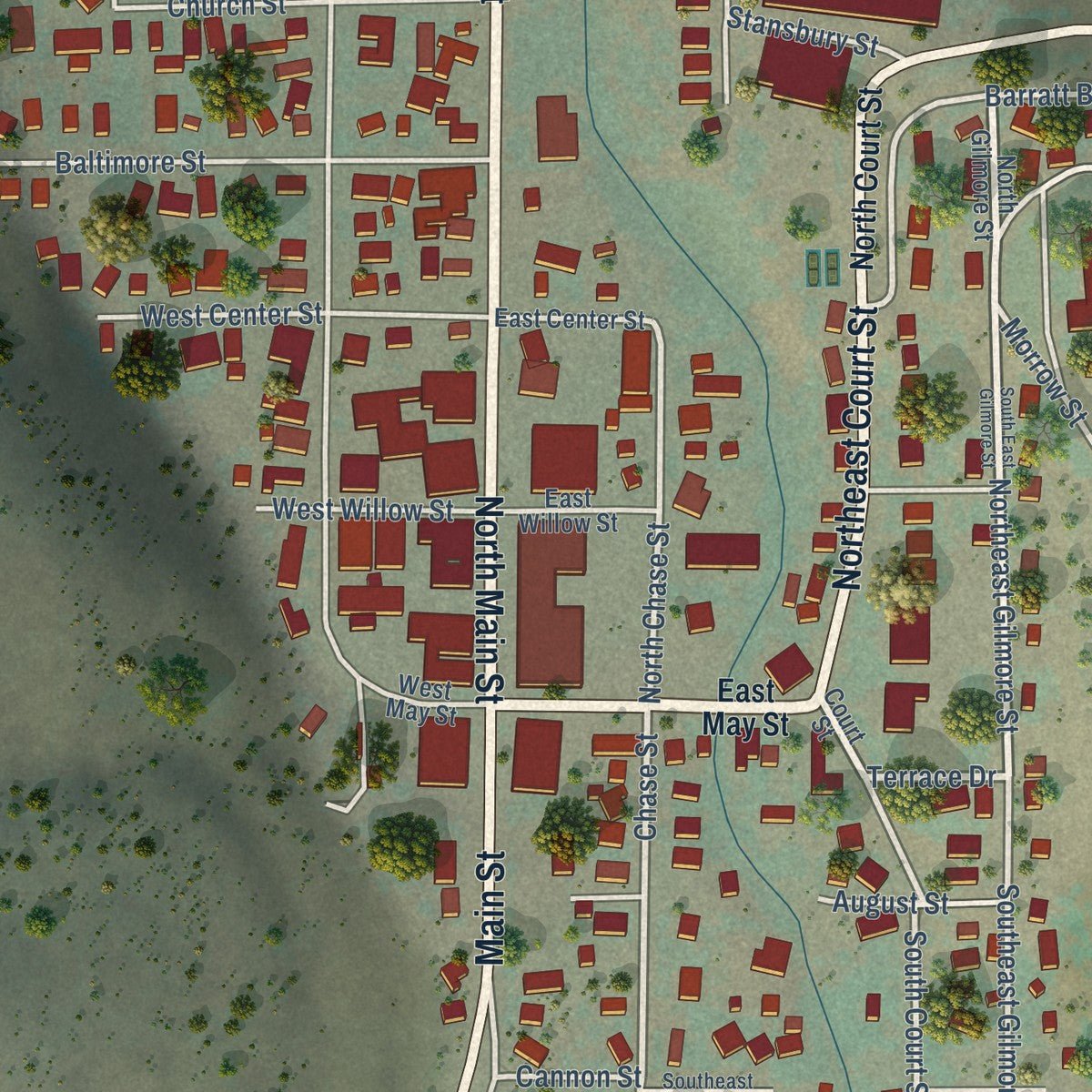 Close-up of the map of Heppner, Oregon print showing street and building detail