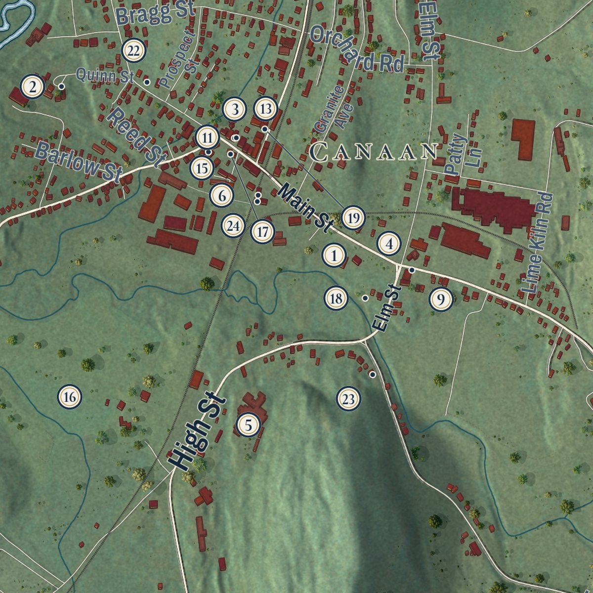 Close-up of the map of North Canaan, Connecticut print showing street and building detail