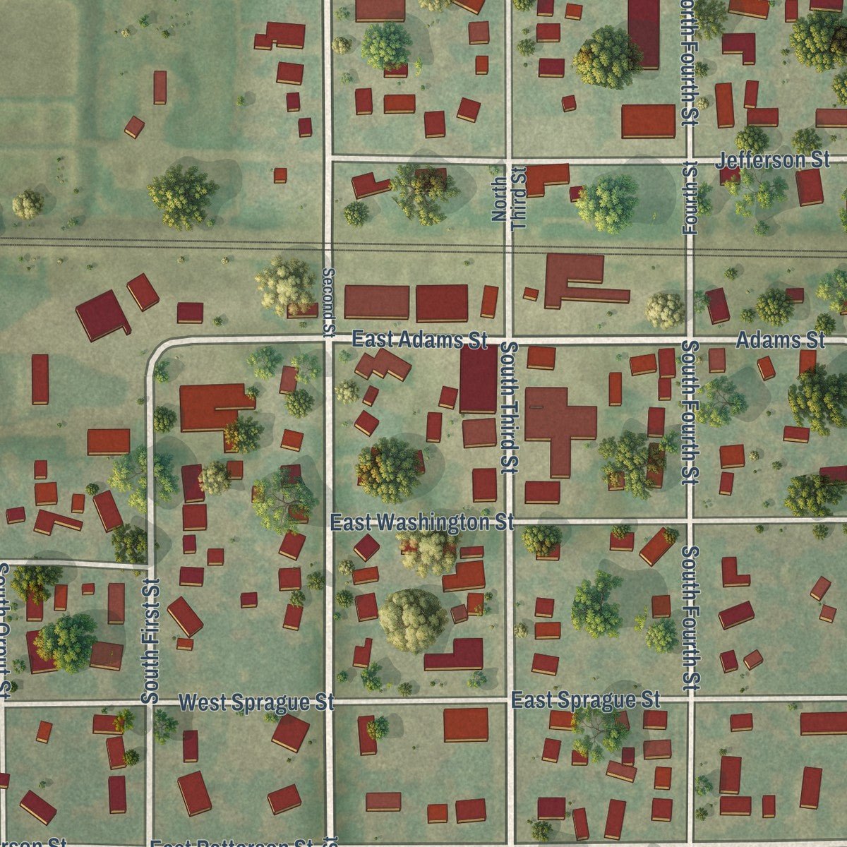 Close-up of the map of Malta, Illinois print showing street and building detail