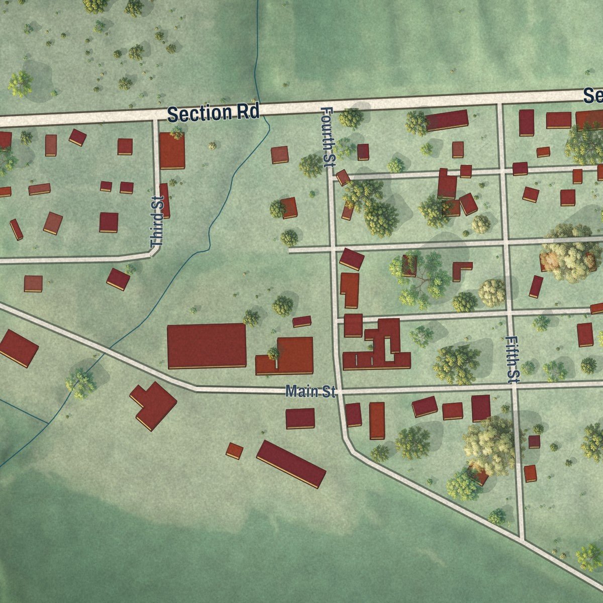 Close-up of the map of Burr, Nebraska print showing street and building detail