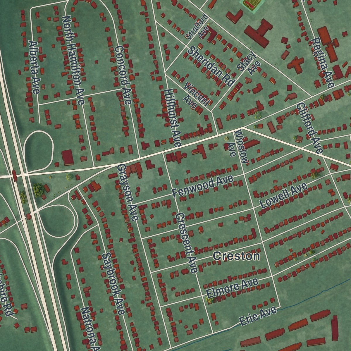 Close-up of the map of Mercerville, New Jersey print showing street and building detail