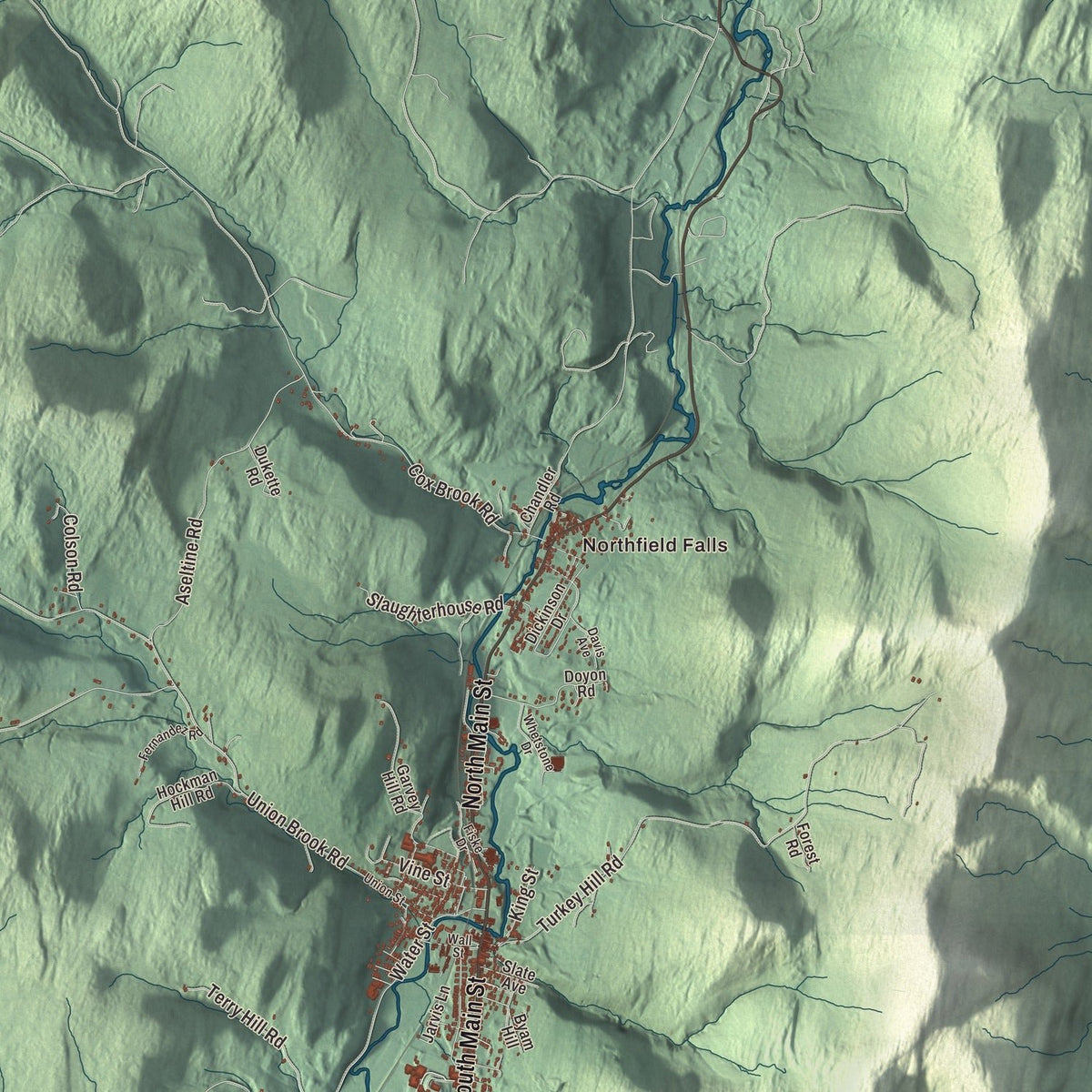Close-up of the map of Northfield, Vermont print showing streets and neighborhoods