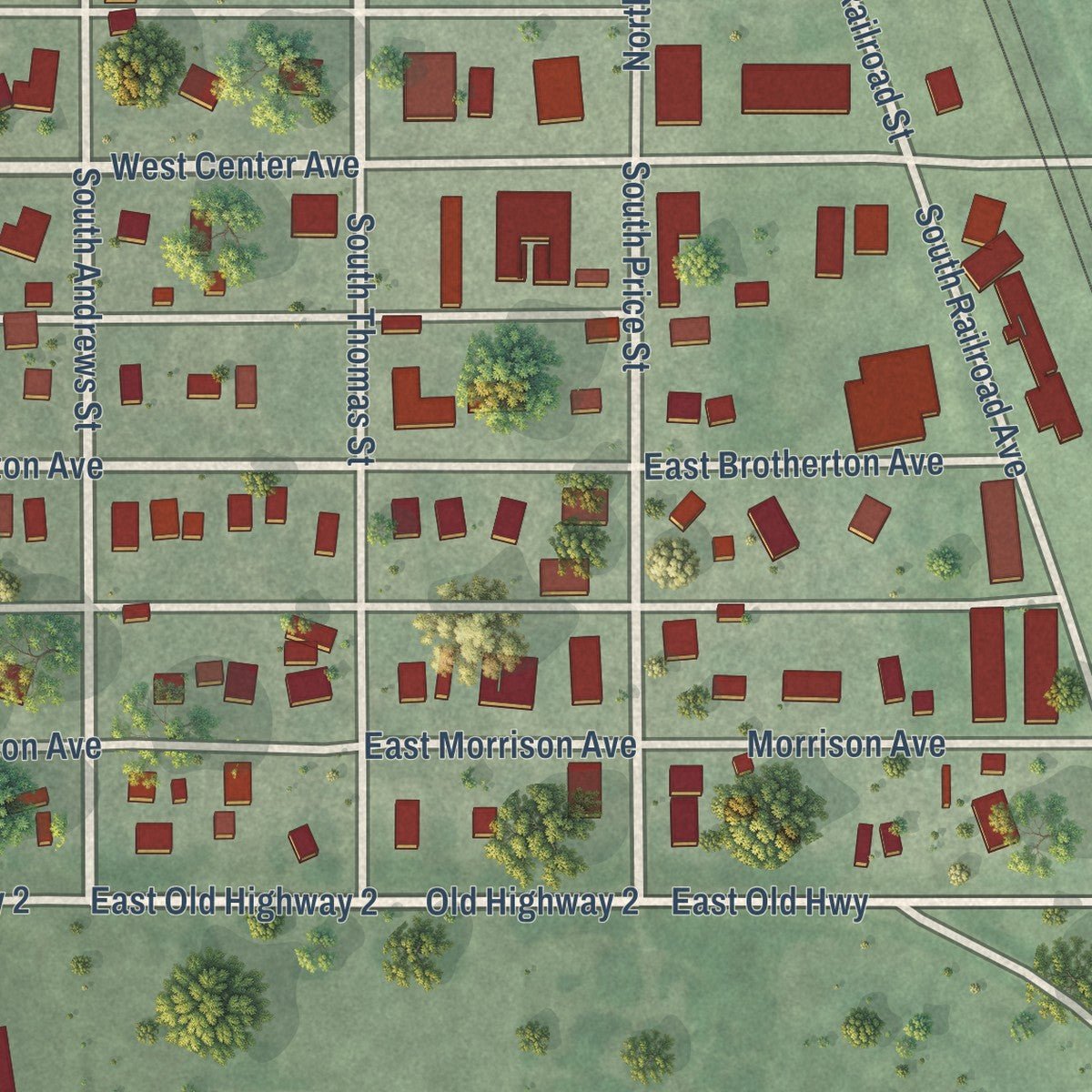 Close-up of the map of Merna, Nebraska print showing street and building detail