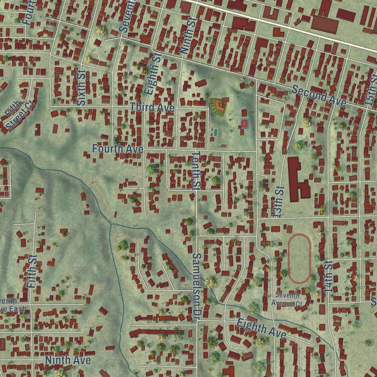 Close-up of the map of Silvis, Illinois print showing street and building detail