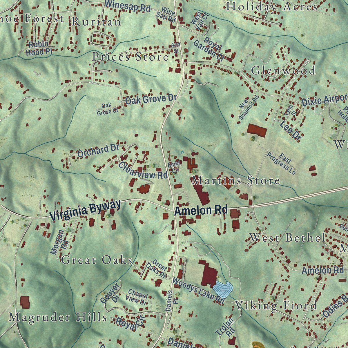 Close-up of the map of Madison Heights, Virginia print showing street and building detail