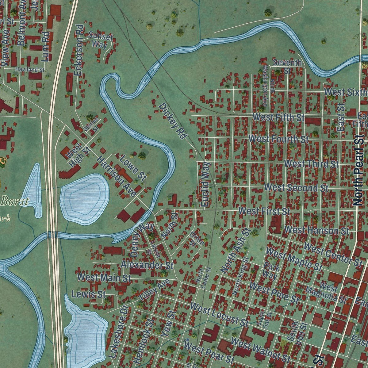Close-up of the map of Centralia, Washington print showing street and building detail