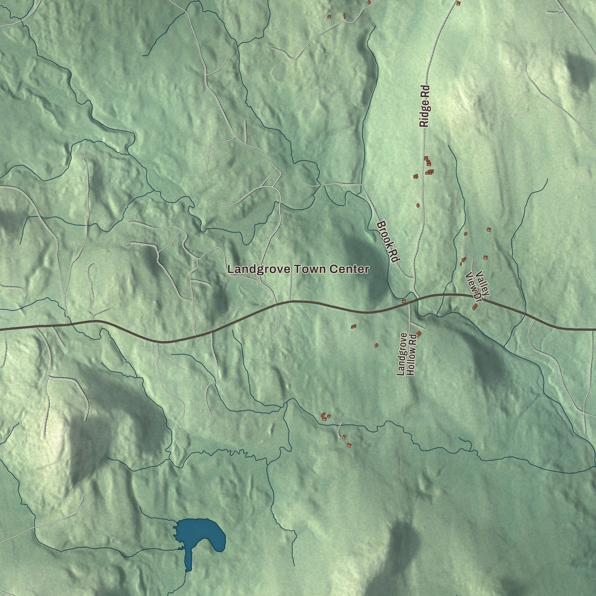 Close-up of the map of Landgrove, Vermont print showing streets and neighborhoods