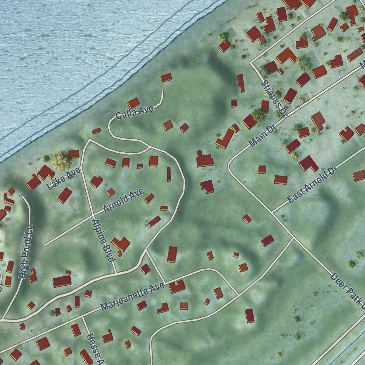 Close-up of the map of Grand Beach, Michigan print showing street and building detail
