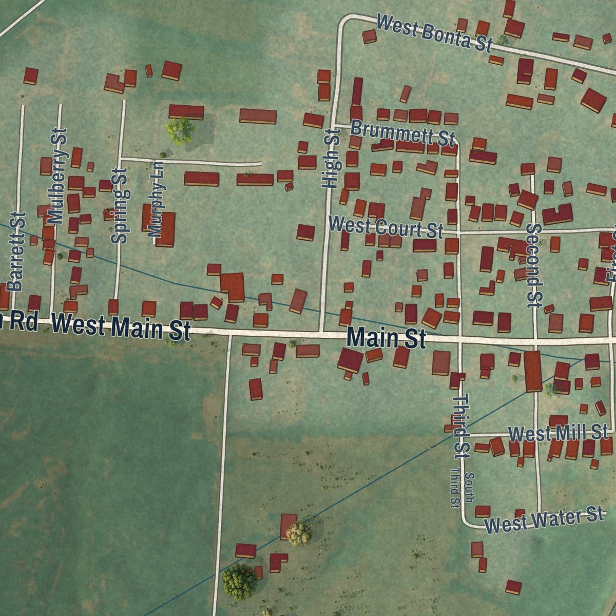 Close-up of the map of Burgin, Kentucky print showing street and building detail