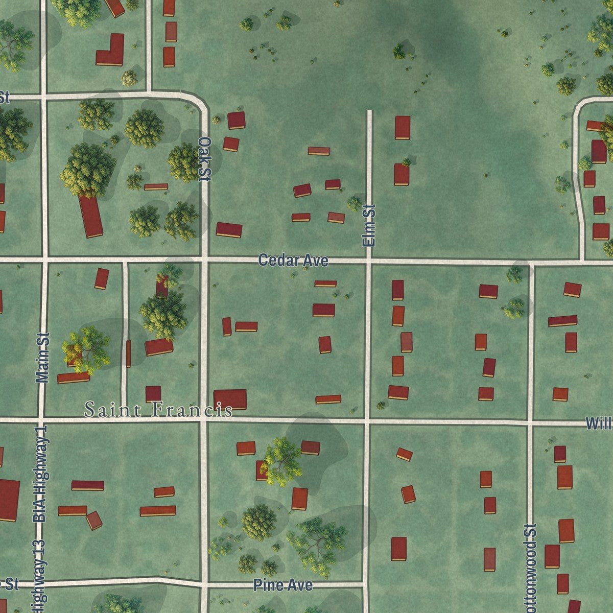 Close-up of the map of St. Francis, South Dakota print showing street and building detail