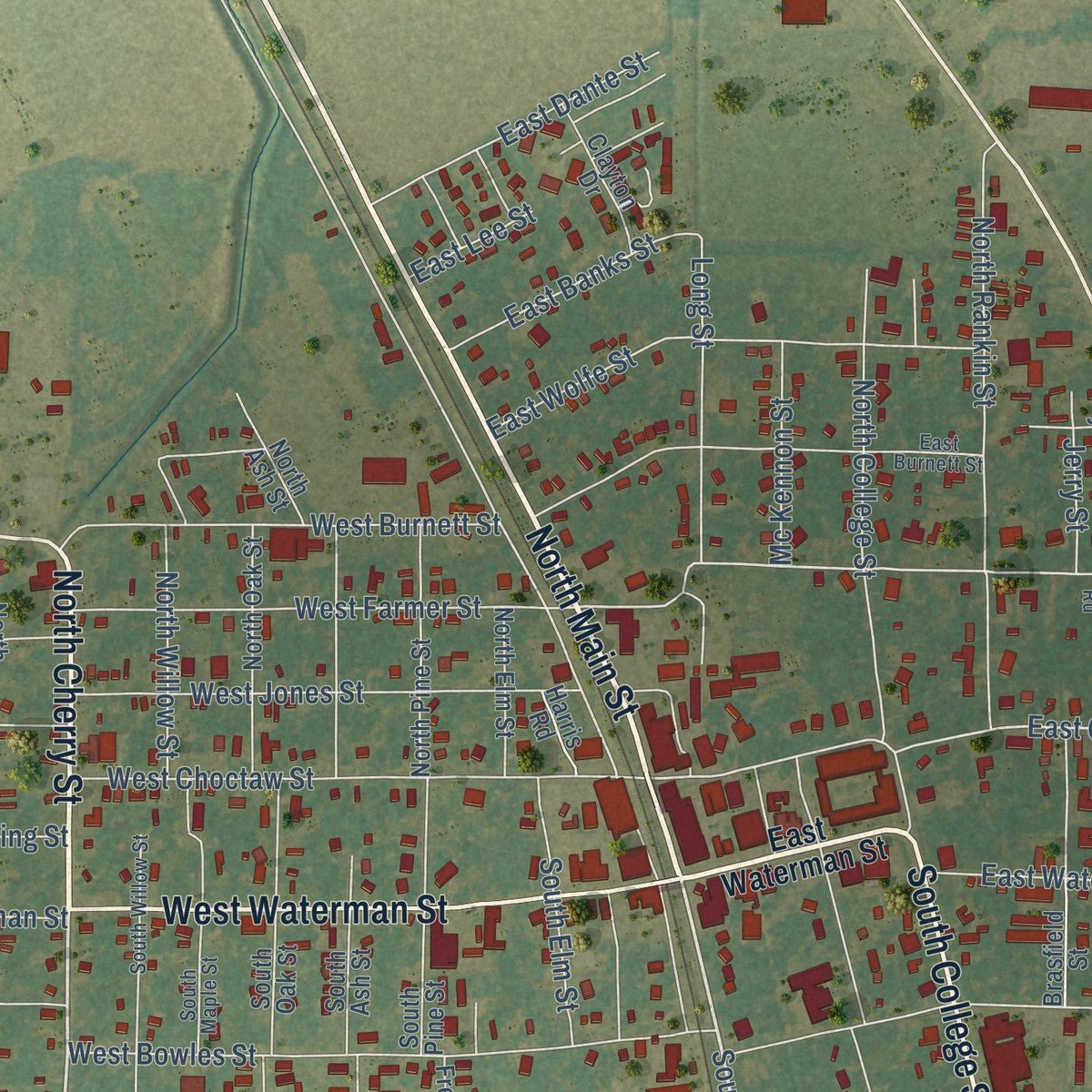 Close-up of the map of Dumas, Arkansas print showing street and building detail