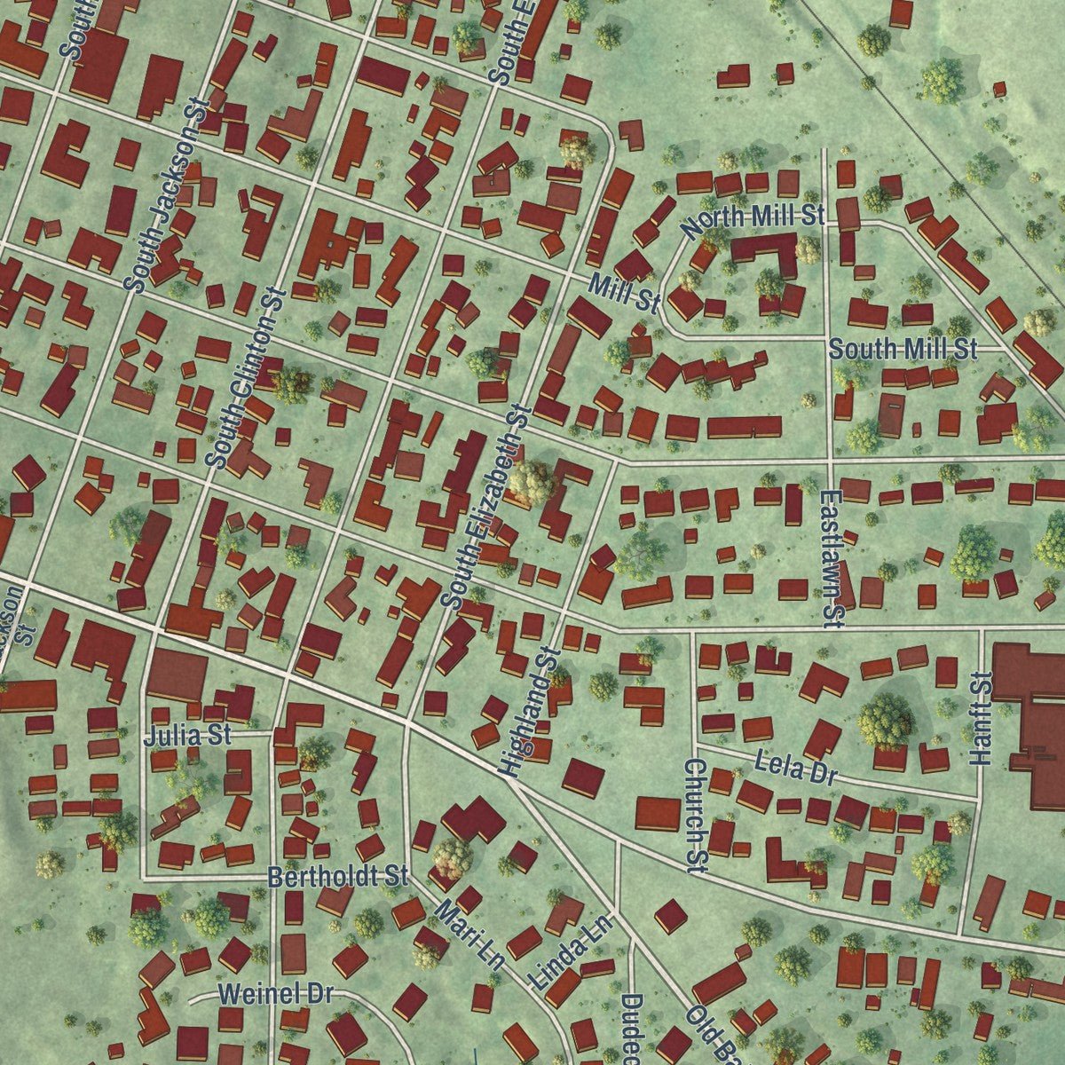 Close-up of the map of New Athens, Illinois print showing street and building detail