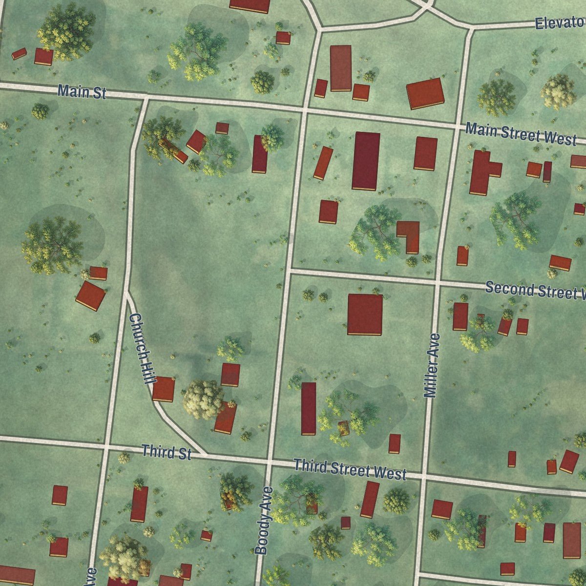 Close-up of the map of Hurdsfield, North Dakota print showing street and building detail