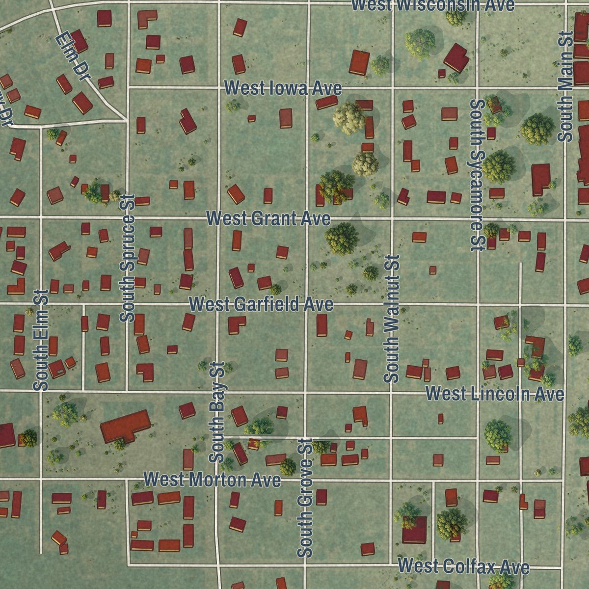 Close-up of the map of Greensburg, Kansas print showing street and building detail