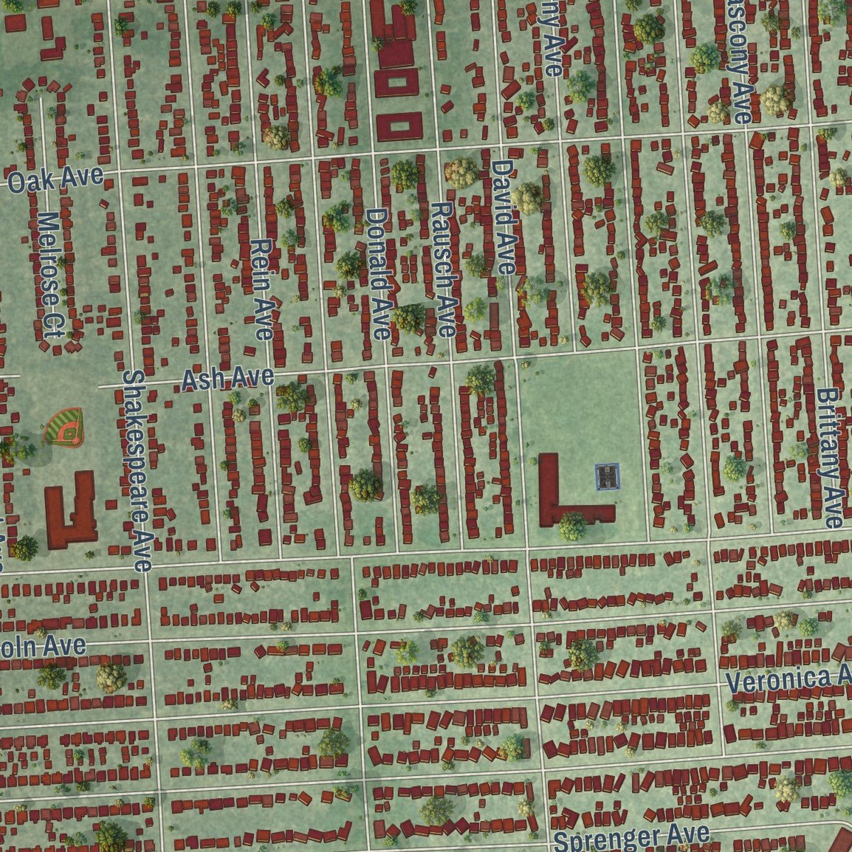 Close-up of the map of Eastpointe, Michigan print showing street and building detail