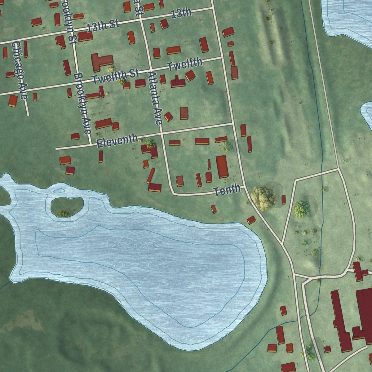 Close-up of the map of Huttig, Arkansas print showing street and building detail
