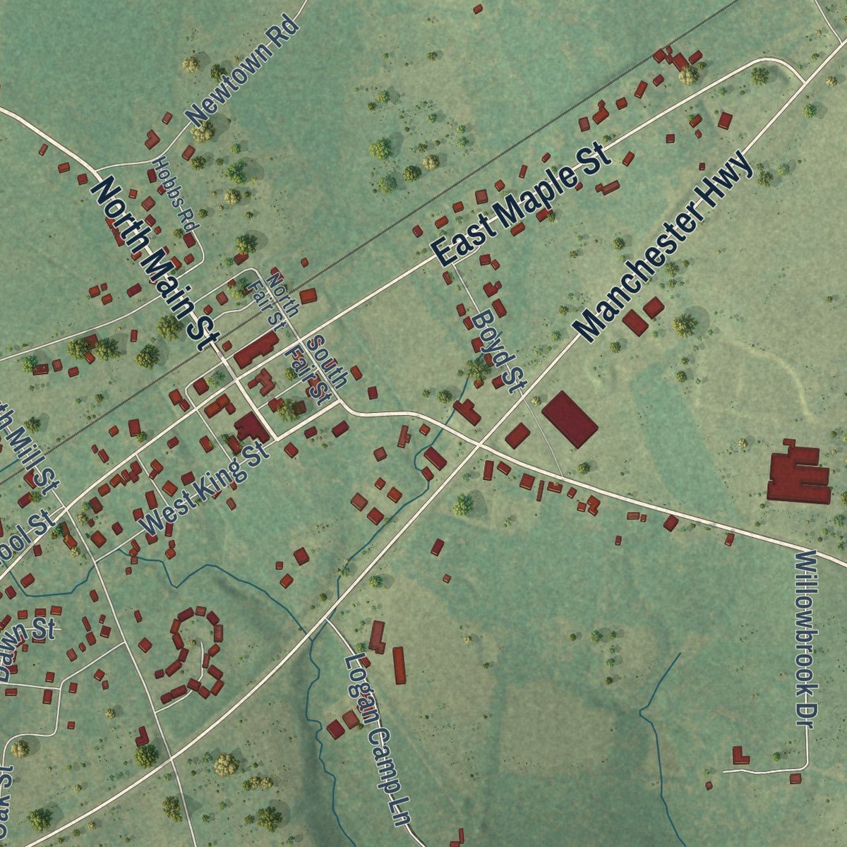Close-up of the map of Morrison, Tennessee print showing street and building detail