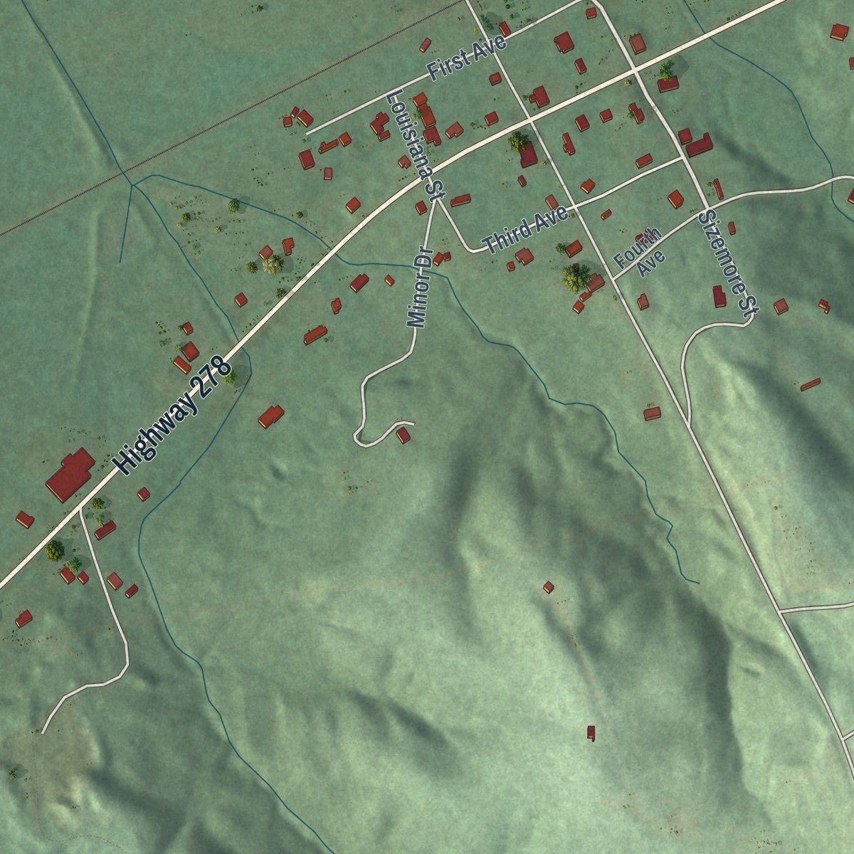 Close-up of the map of Beaverton, Alabama print showing street and building detail