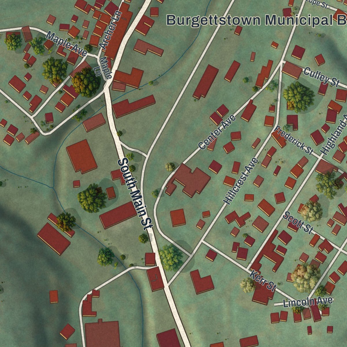 Close-up of the map of Burgettstown, Pennsylvania print showing street and building detail