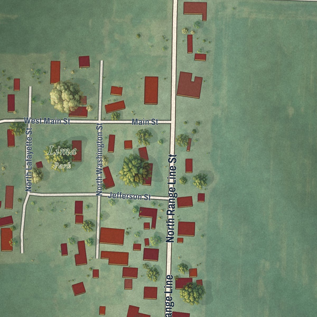 Close-up of the map of Lima, Illinois print showing street and building detail