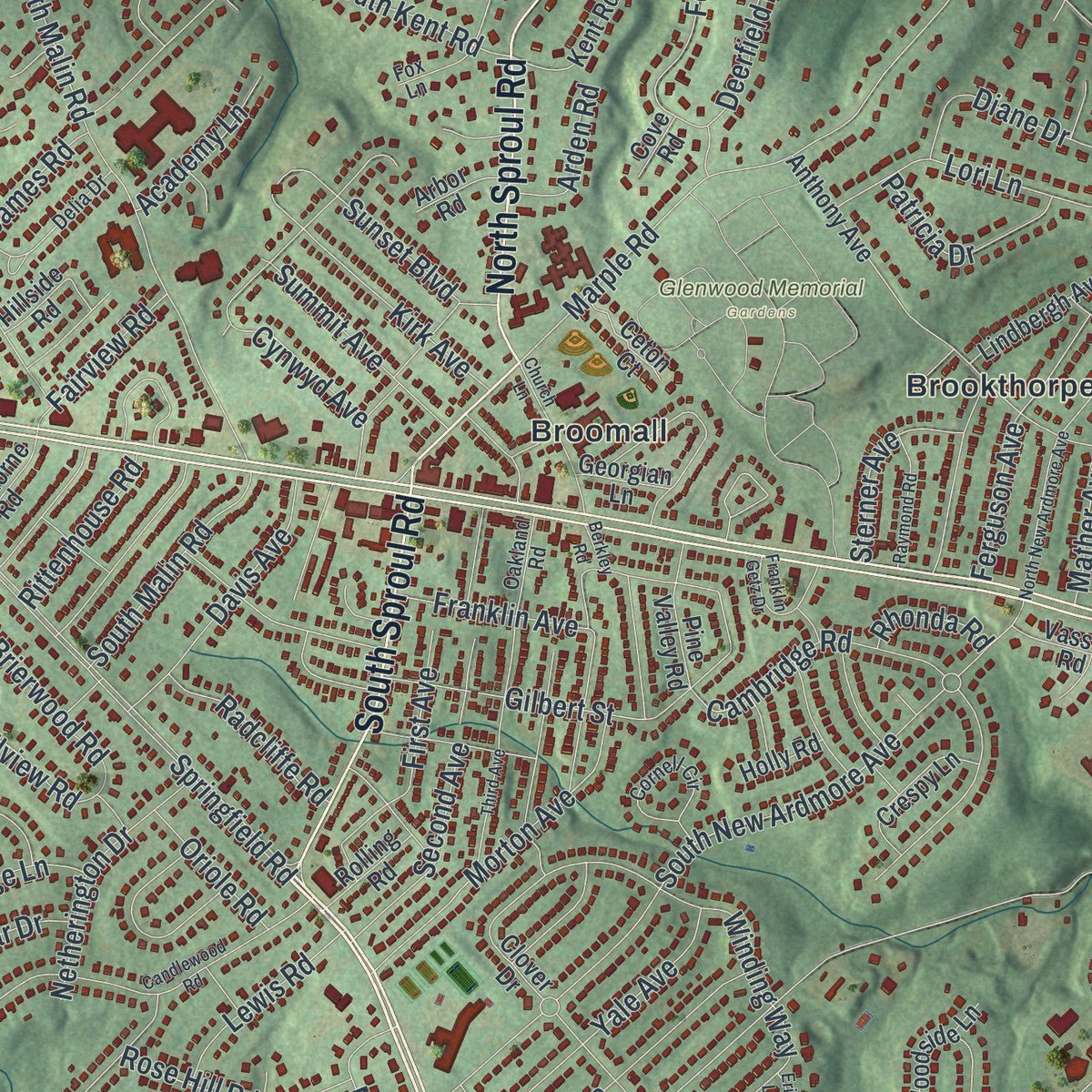 Close-up of the map of Marple, Pennsylvania print showing street and building detail