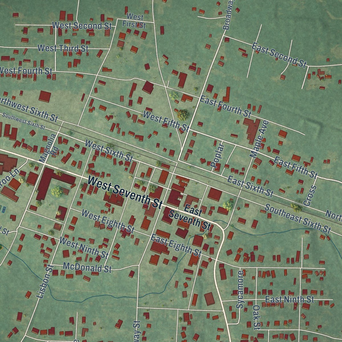 Close-up of the map of Smackover, Arkansas print showing street and building detail