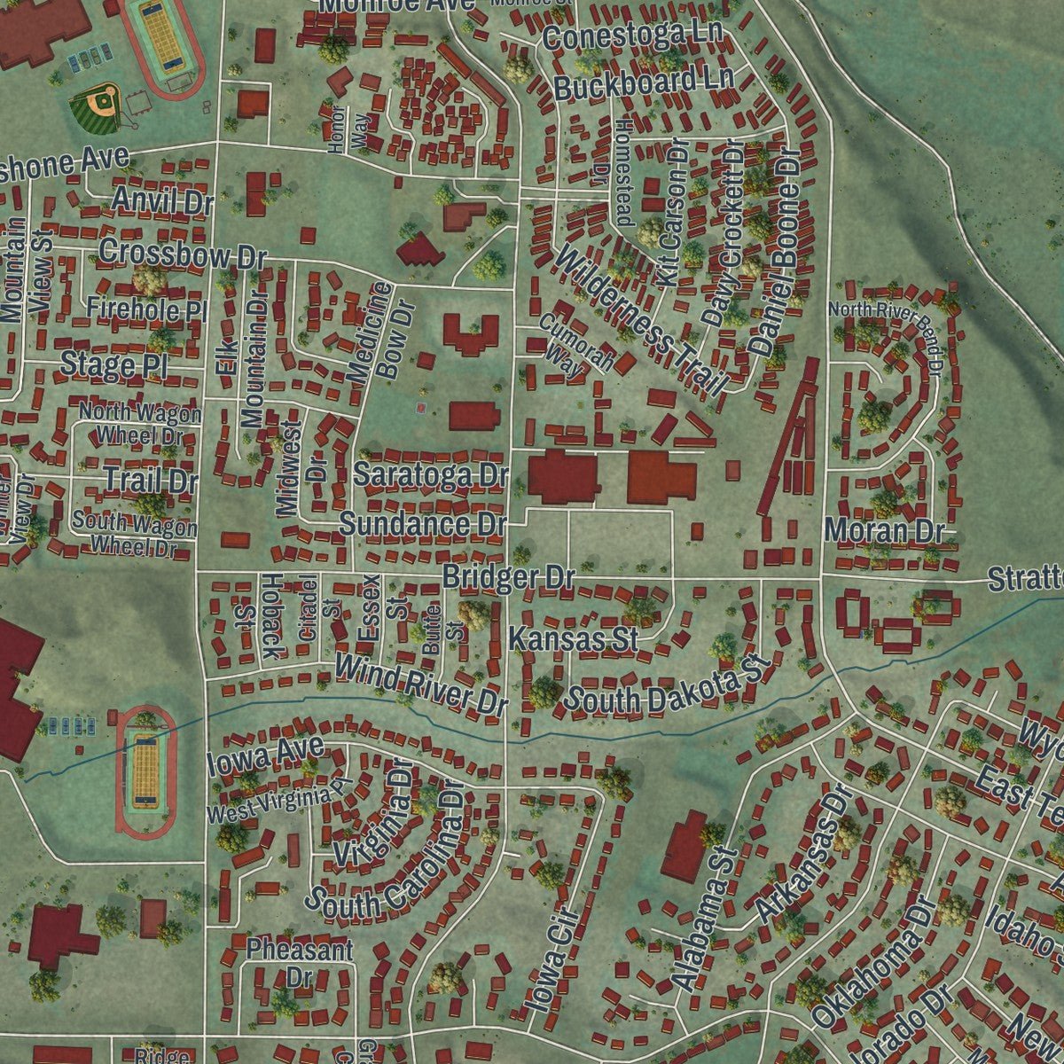 Close-up of the map of Green River, Wyoming print showing street and building detail