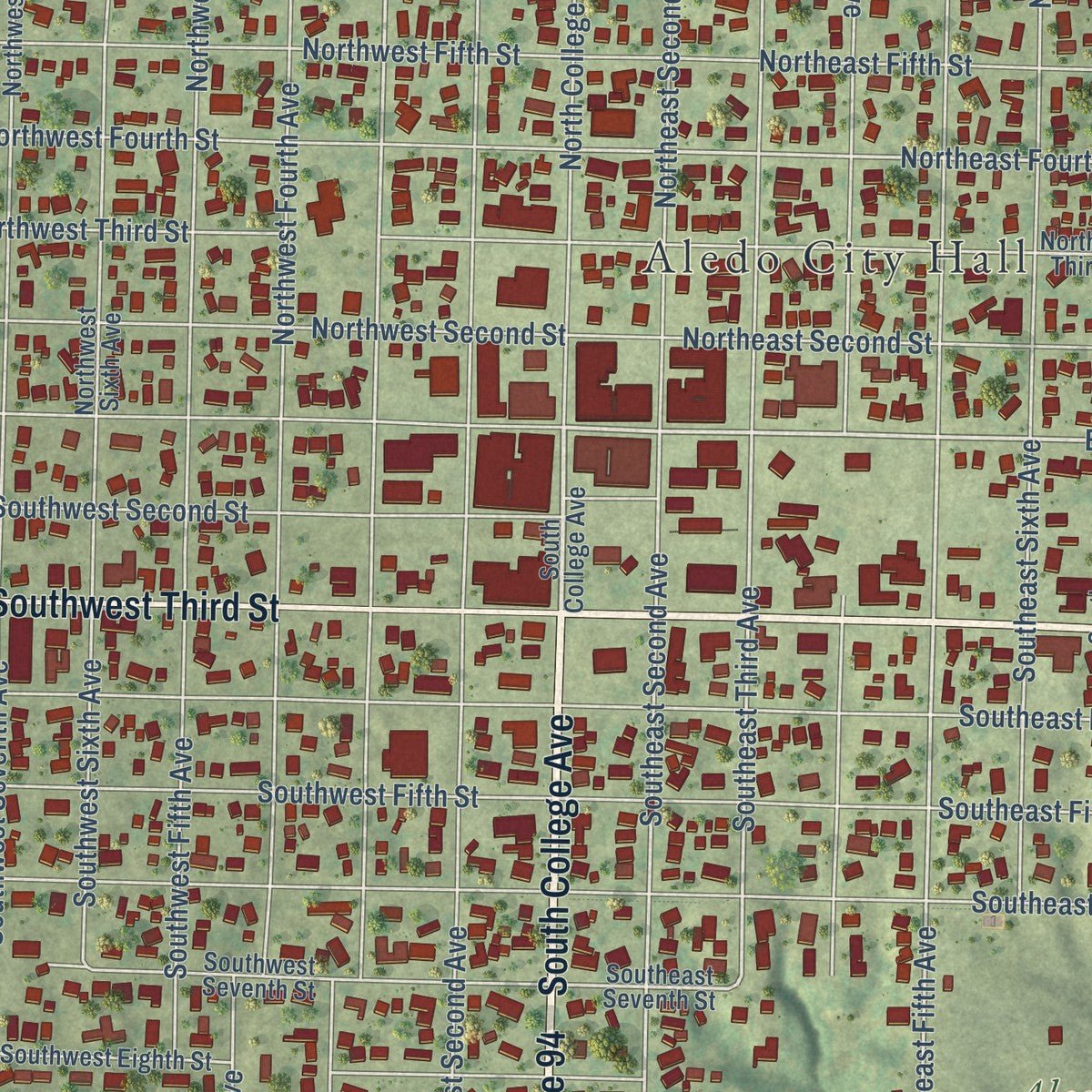 Close-up of the map of Aledo, Illinois print showing street and building detail