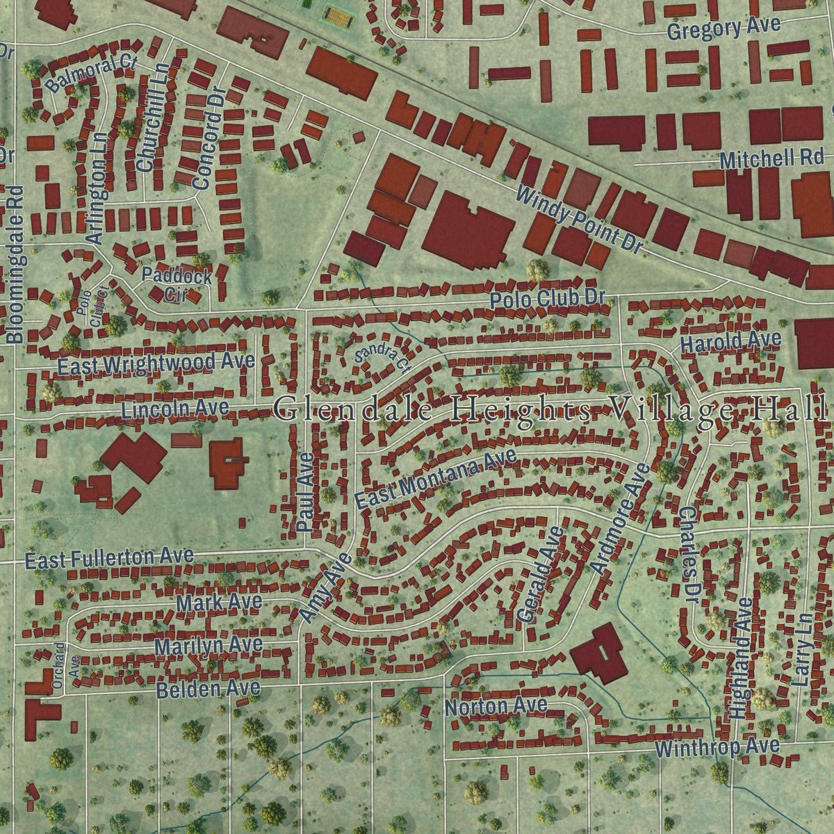 Close-up of the map of Glendale Heights, Illinois print showing street and building detail