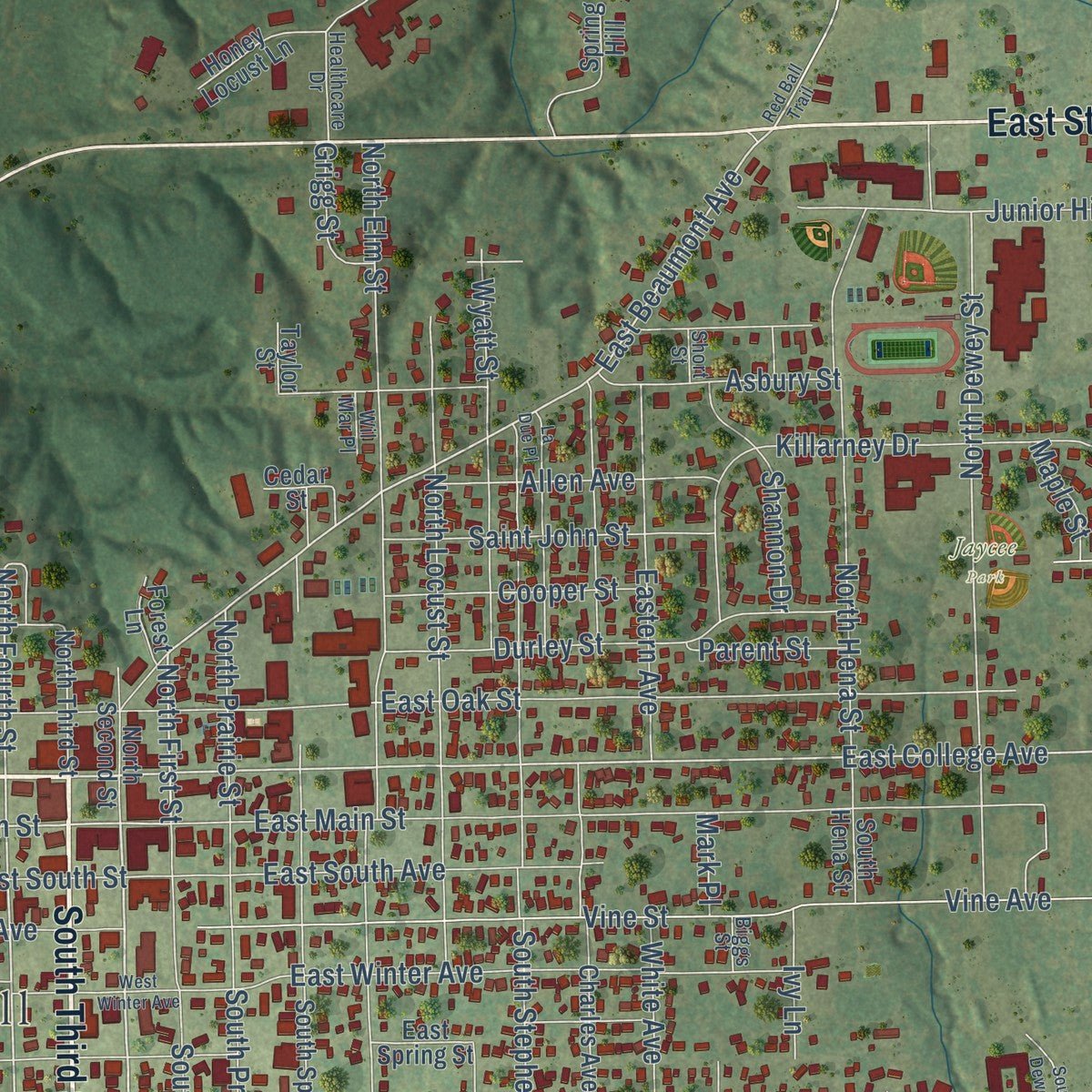 Close-up of the map of Greenville, Illinois print showing street and building detail