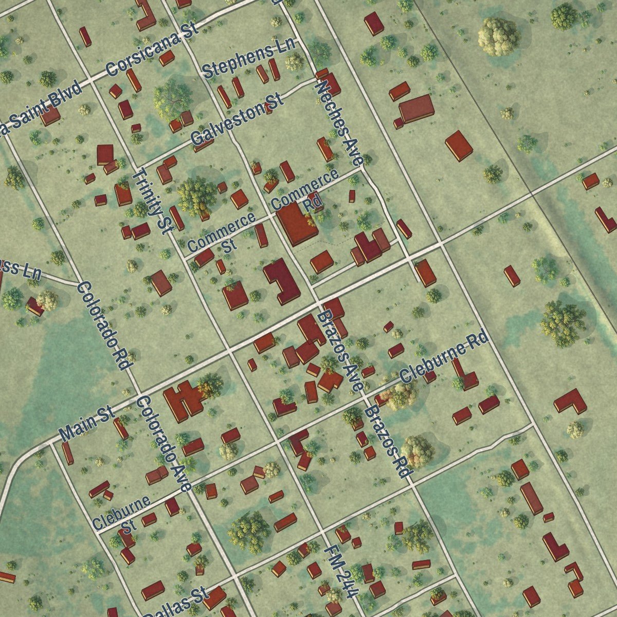Close-up of the map of Iola, Texas print showing street and building detail