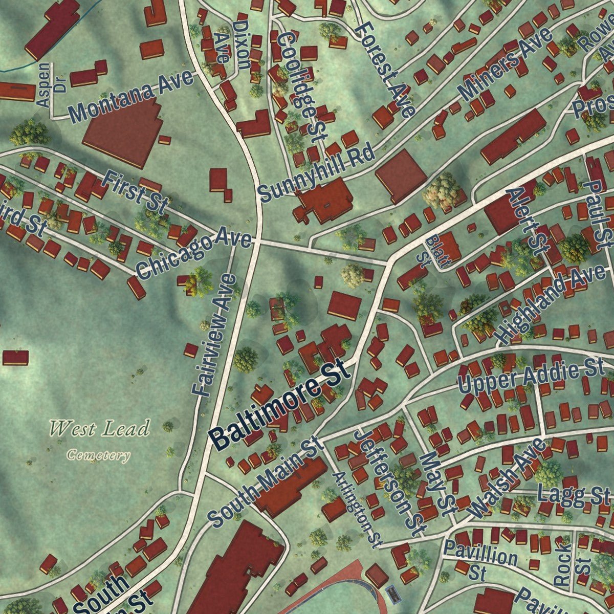 Close-up of the map of Lead, South Dakota print showing street and building detail