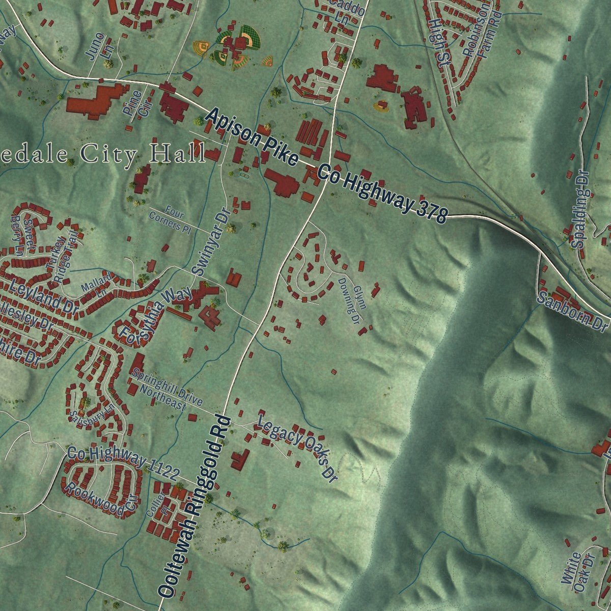 Close-up of the map of Collegedale, Tennessee print showing street and building detail