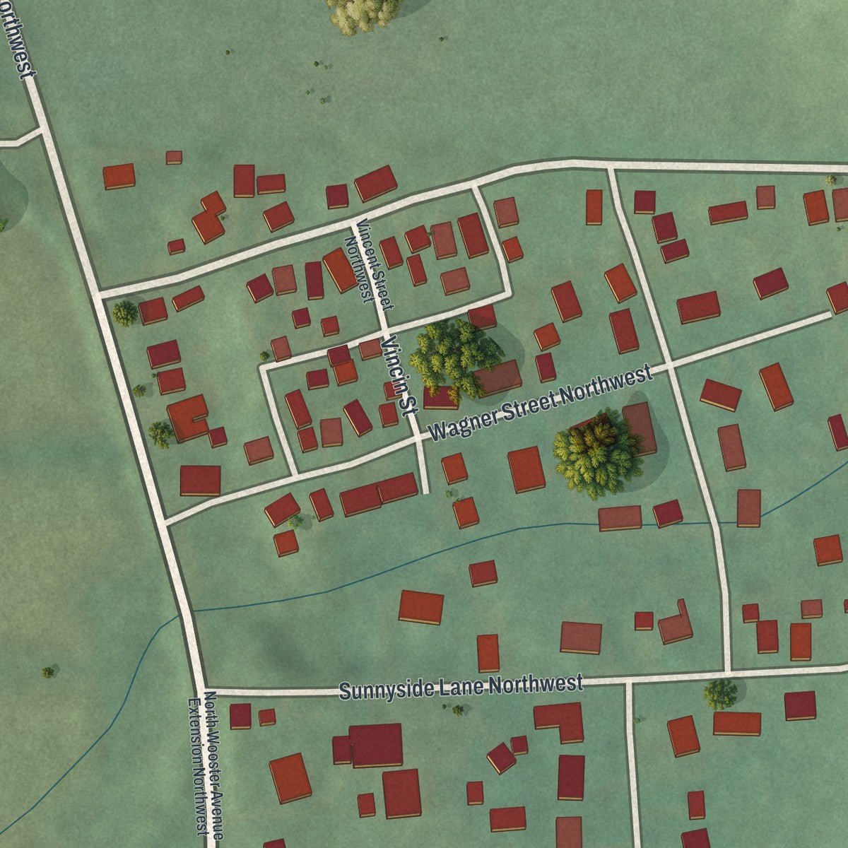 Close-up of the map of Parral, Ohio print showing street and building detail