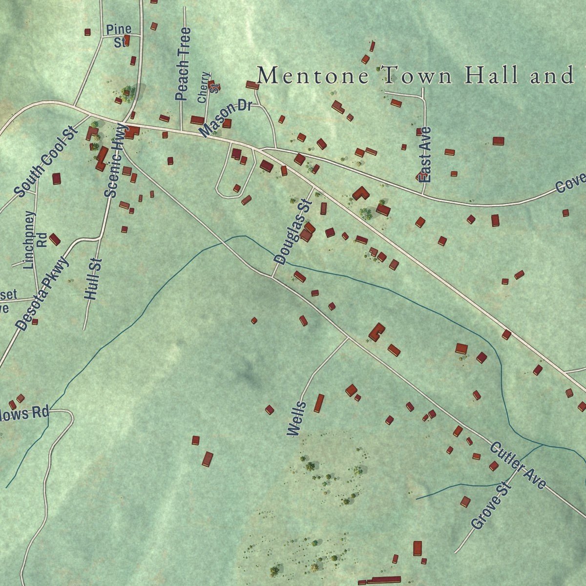Close-up of the map of Mentone, Alabama print showing street and building detail