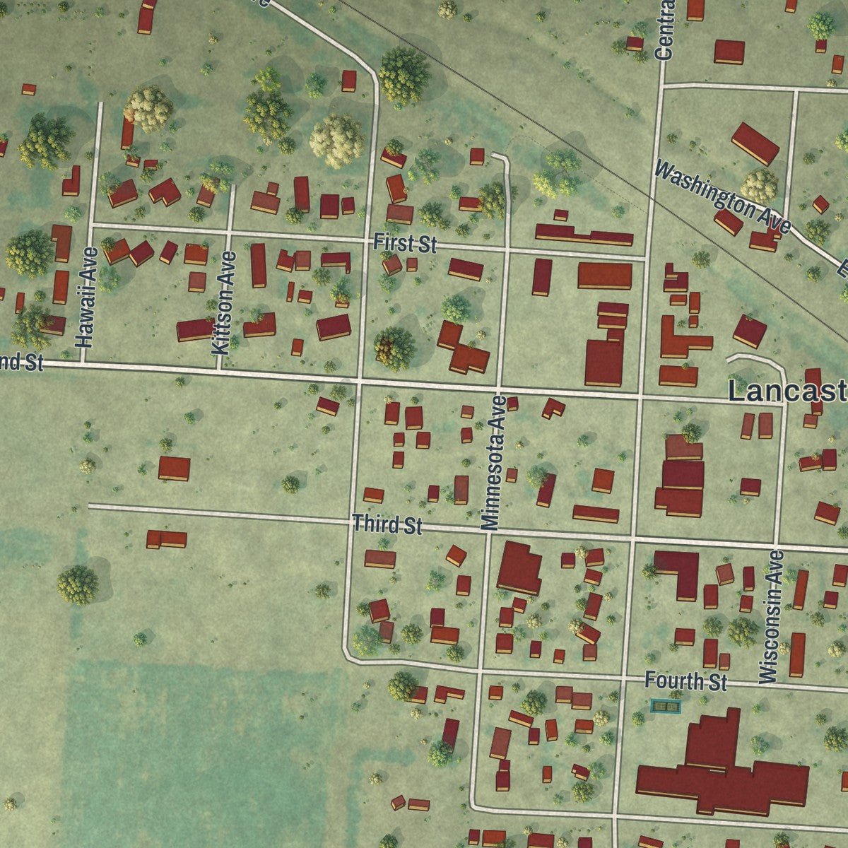 Close-up of the map of Lancaster, Minnesota print showing street and building detail