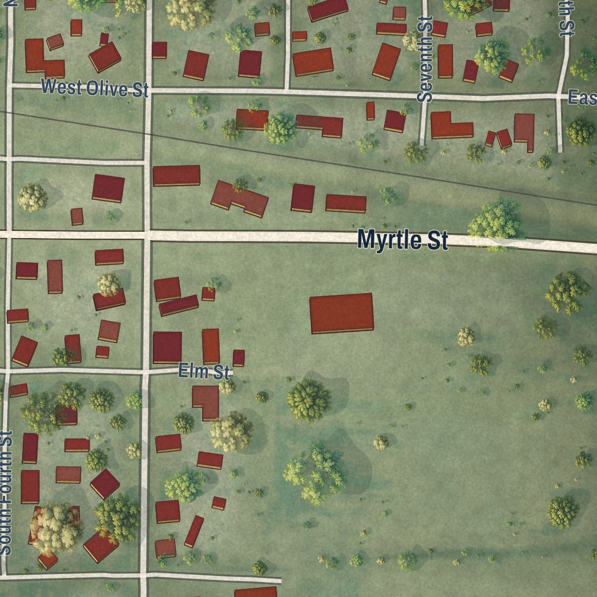 Close-up of the map of Baldwin, Illinois print showing street and building detail