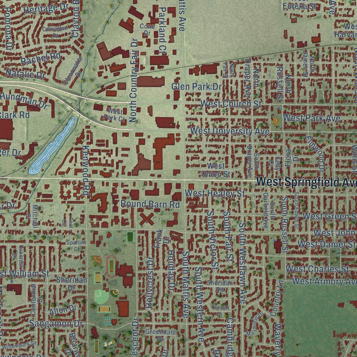 Close-up of the map of Champaign, Illinois print showing street and building detail