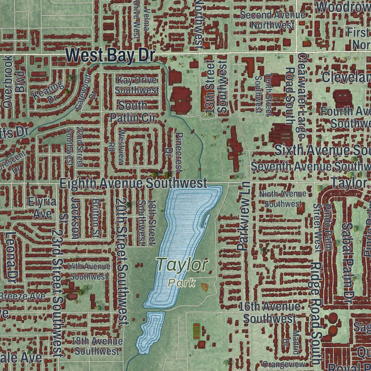 Close-up of the map of Largo, Florida print showing street and building detail