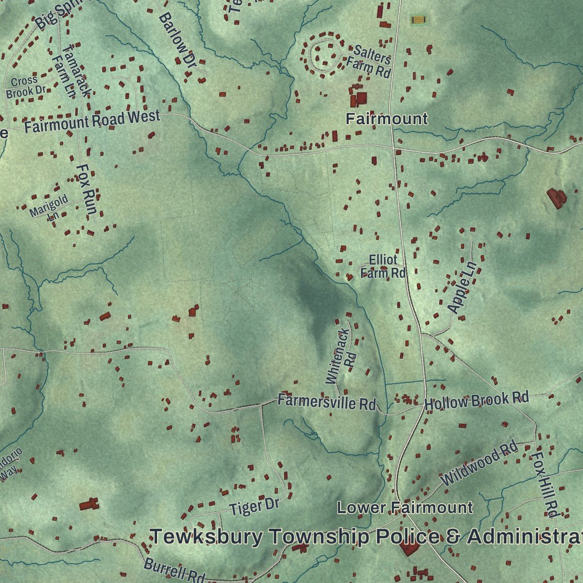 Close-up of the map of Tewksbury, New Jersey print showing street and building detail