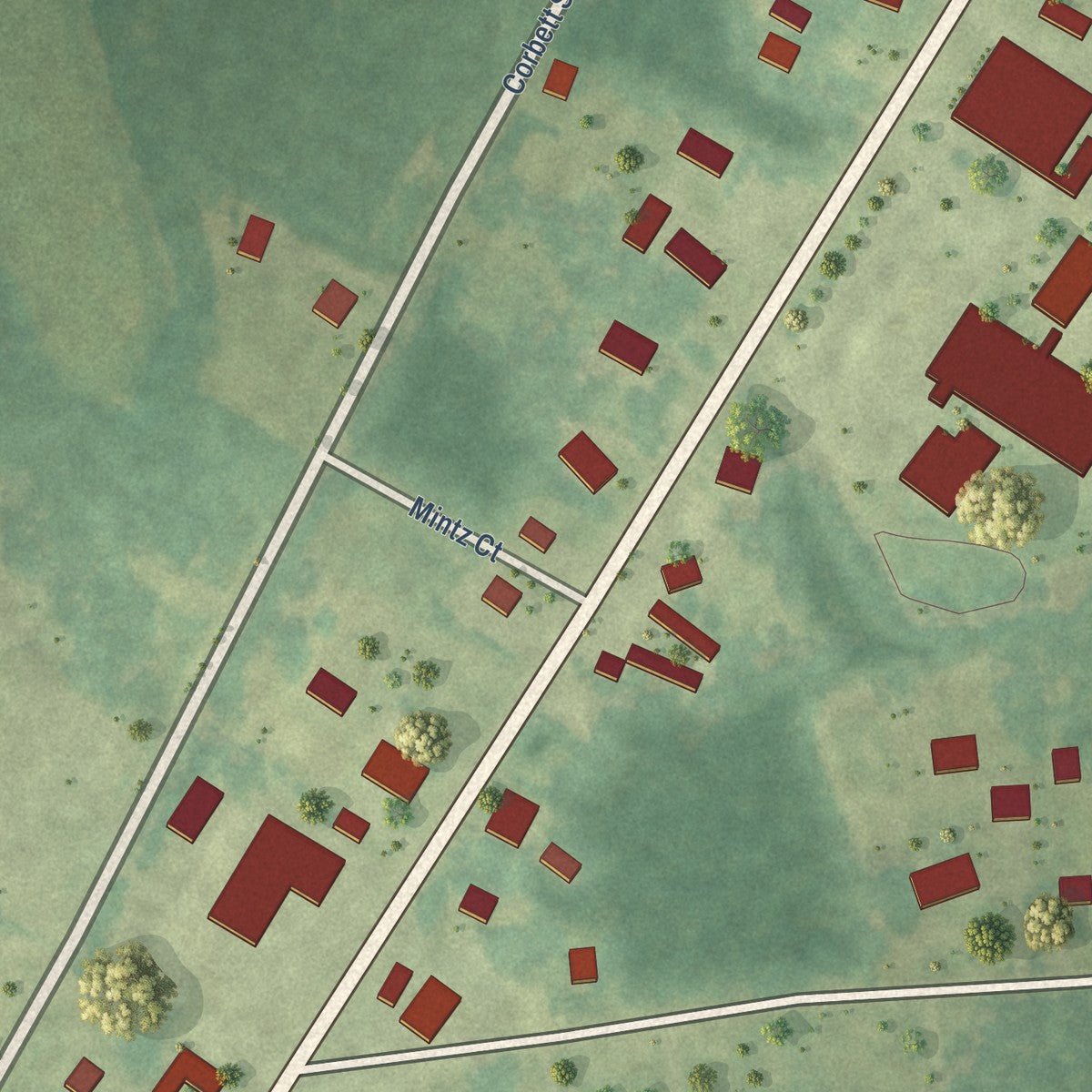Close-up of the map of Bolivia, North Carolina print showing street and building detail