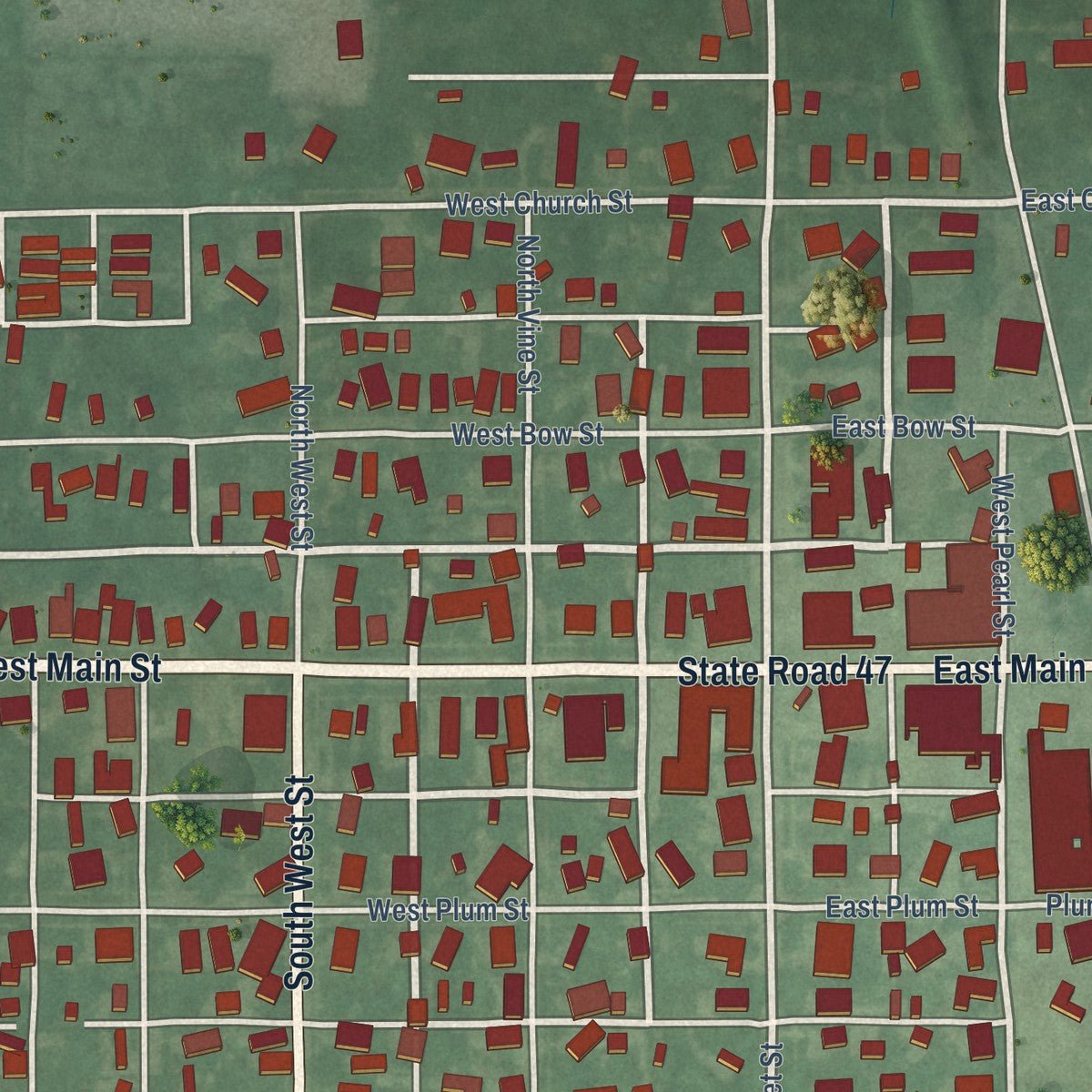Close-up of the map of Thorntown, Indiana print showing street and building detail