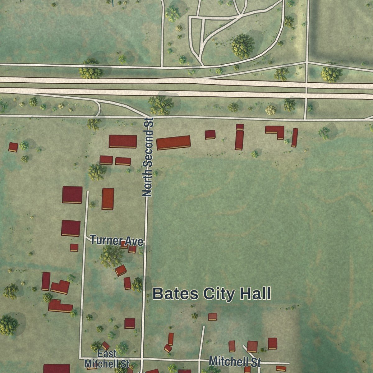 Close-up of the map of Bates City, Missouri print showing street and building detail