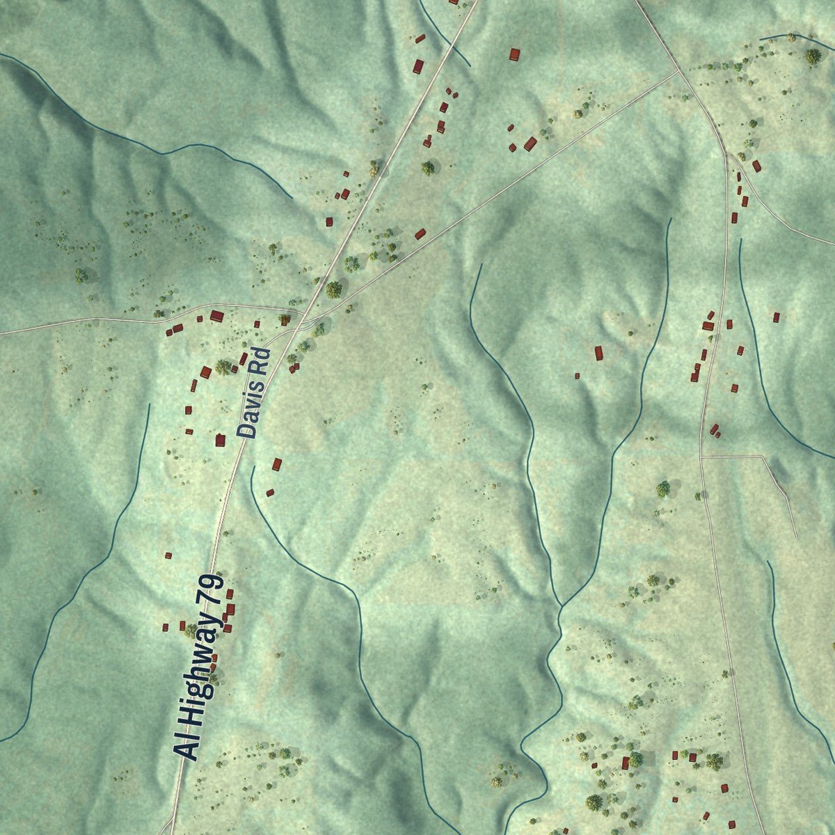 Close-up of the map of Hytop, Alabama print showing street and building detail