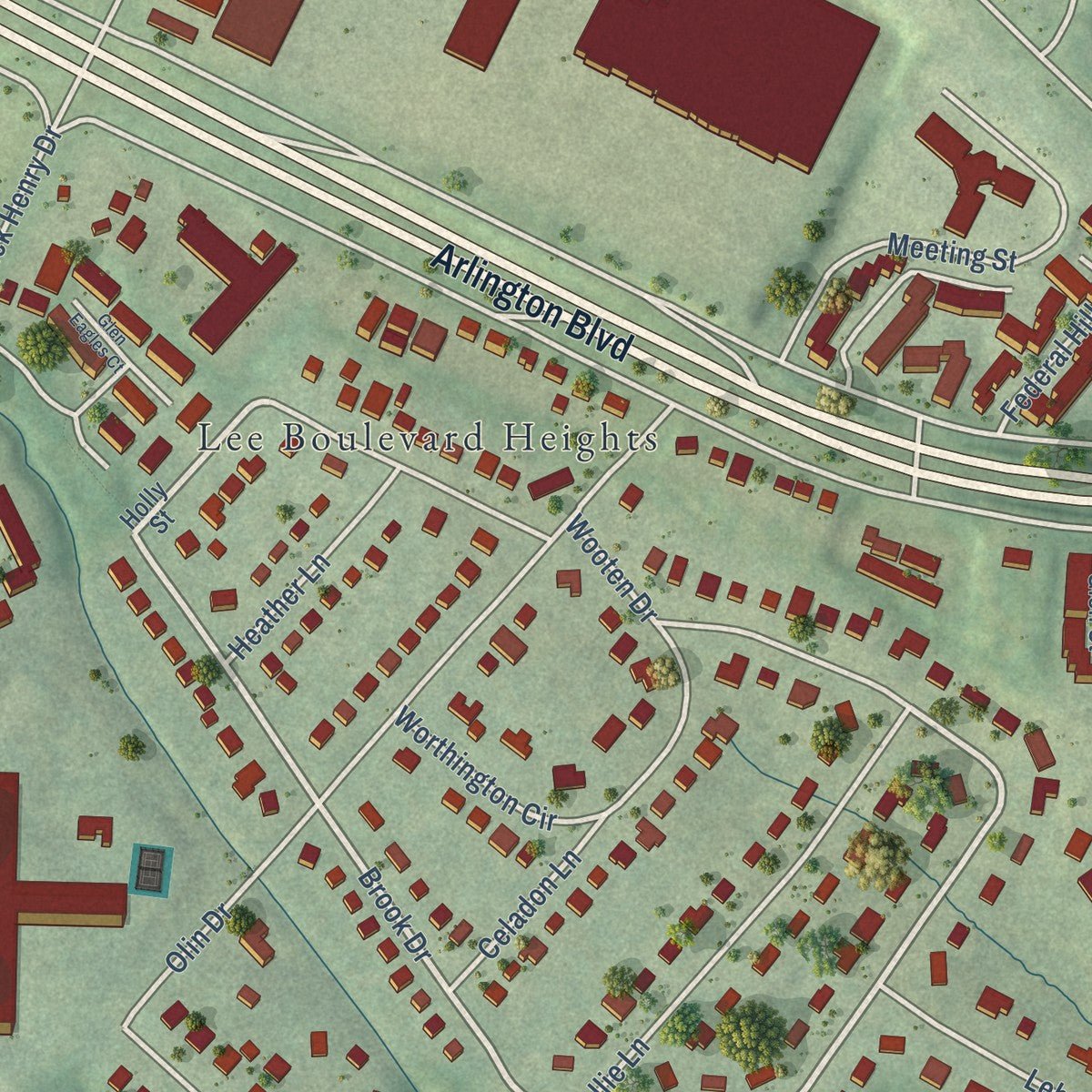 Close-up of the map of Seven Corners, Virginia print showing street and building detail