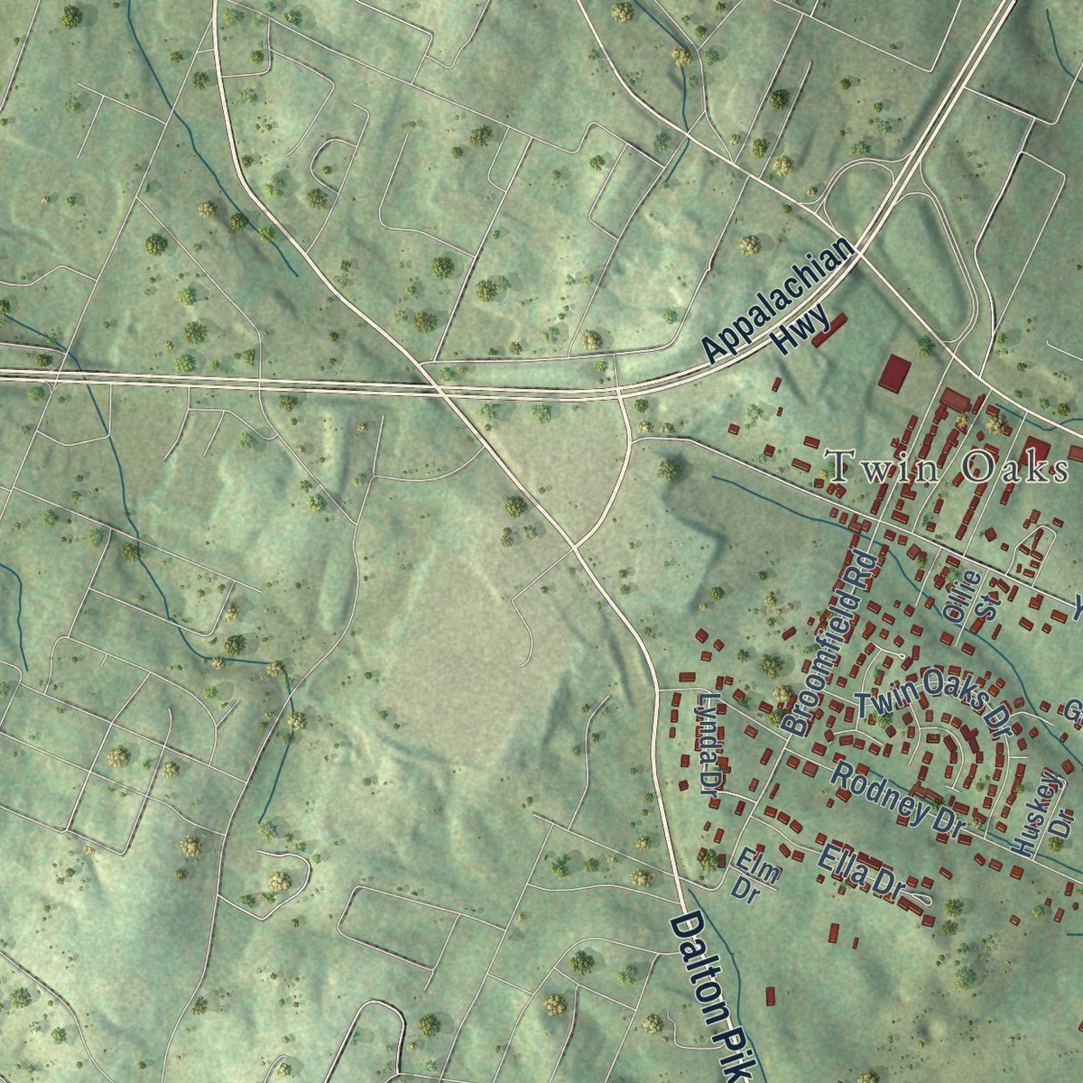 Close-up of the map of Wildwood Lake, Tennessee print showing street and building detail