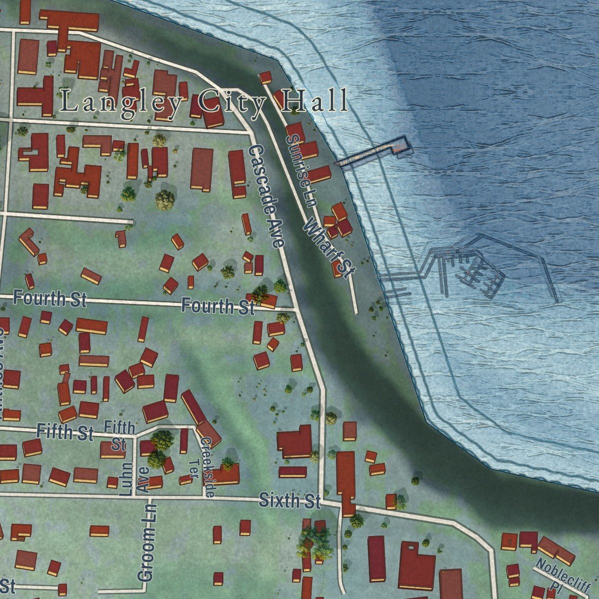 Close-up of the map of Langley, Washington print showing street and building detail